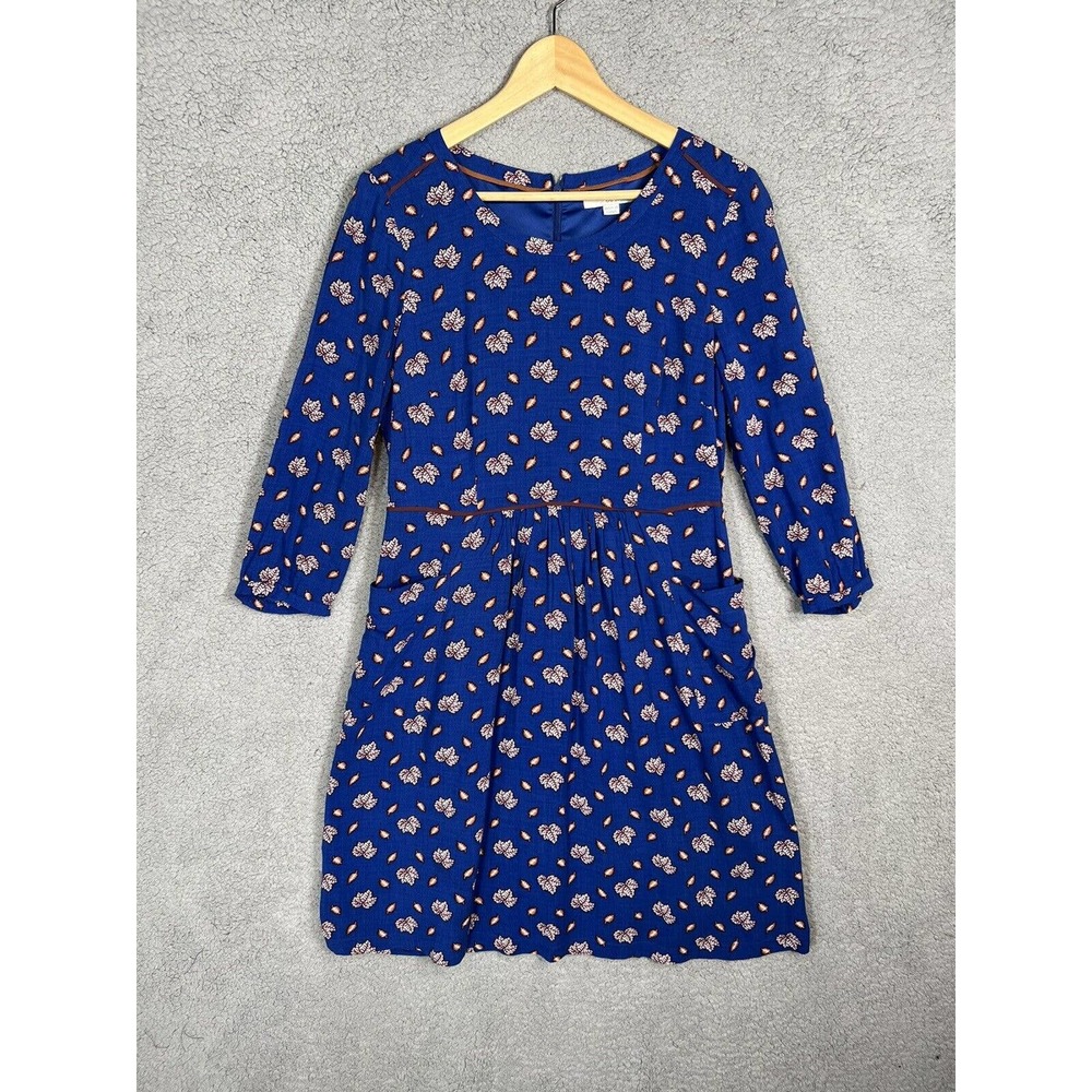 Boden Dress Womens Size 8 Maple Leaf Blue Lined 3/4 Sleeve Knee Length Pockets